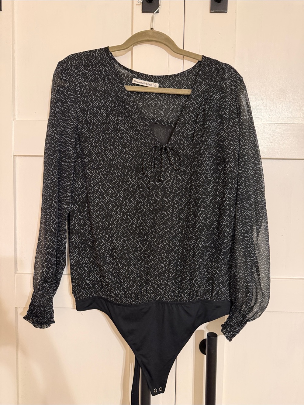 Abercrombie & Fitch Black Micro-Print Long Sleeve Tie-Neck Bodysuit